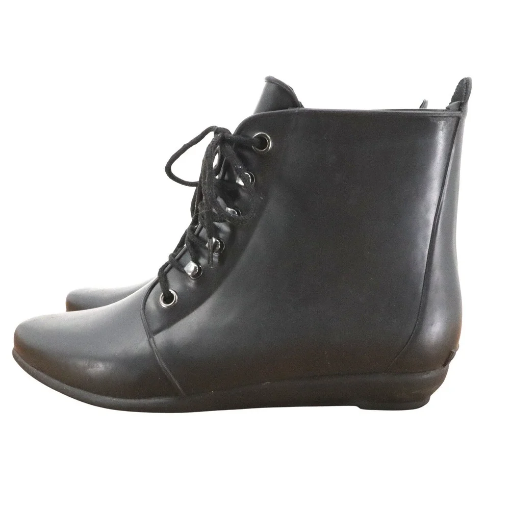 Loeffler Randall Black Lace Up Ankle Rain Boots Womens 7 Waterproof Rubber